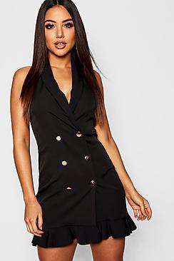 Boohoo Woven Gold Button Halterneck Blazer Dress