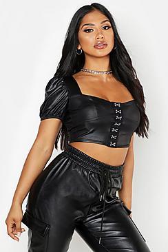 Boohoo Hook & Eye Detail Pu Peasant Top