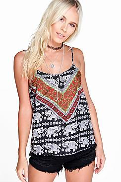 Boohoo Petite Rachel Elephant Print Pom Pom Hem Cami