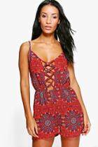 Boohoo Lucy Paisley Lace Up Beach Playsuit Red