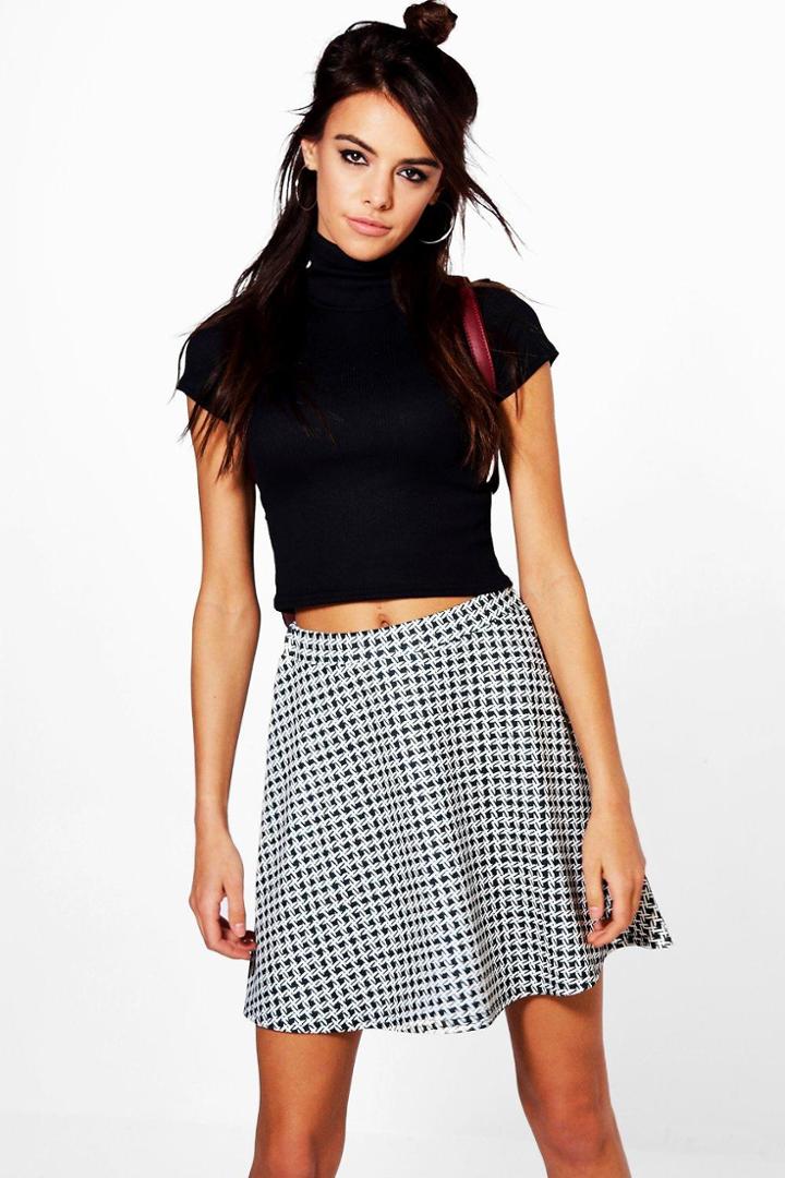 Boohoo Gabriella Monochrome Dogtooth Skater Skirt Black
