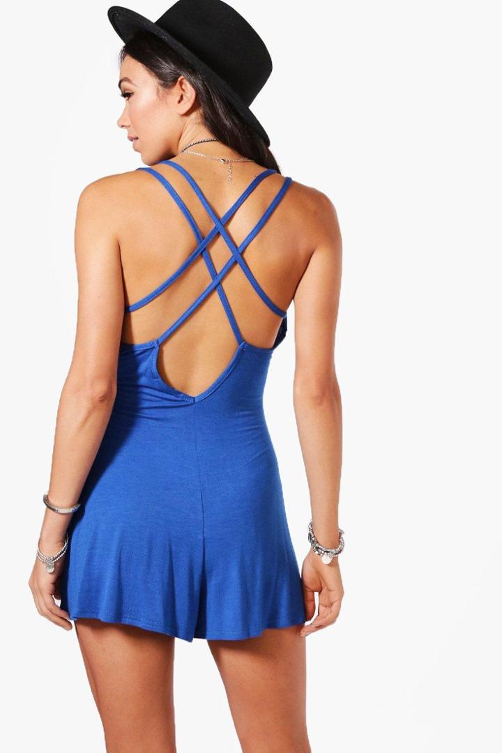Boohoo Katie Strappy Back Swing Playsuit Cobalt