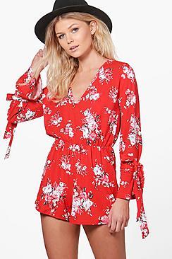 Boohoo Petite Lucie Printed Tie Sleeve Plunge Playsuit