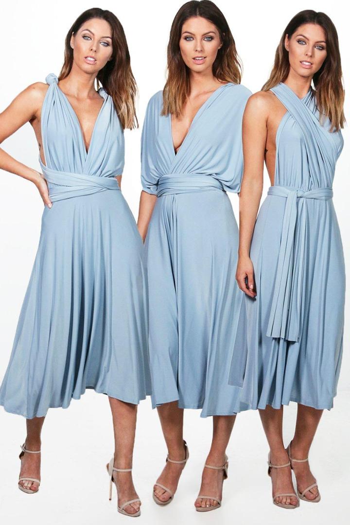 Boohoo Georgia Slinky Multi Tie Midi Skater Dress Sky