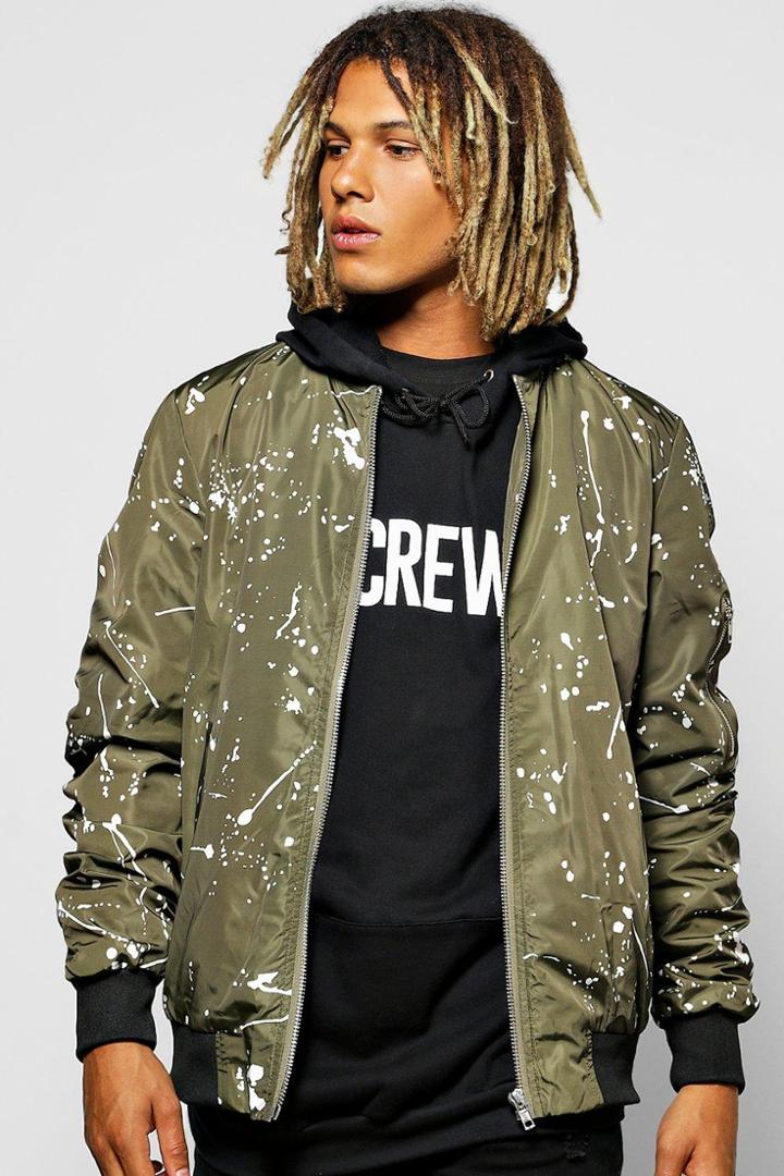 Boohoo Paint Splatter Ruched Ma1 Bomber Khaki