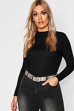 Boohoo Plus Rib Long Sleeve Crew Neck Top
