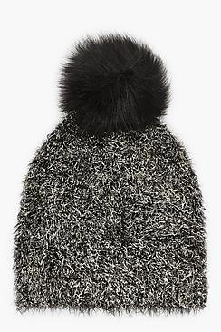 Boohoo Gold Dust Faux Fur Pom Beanie