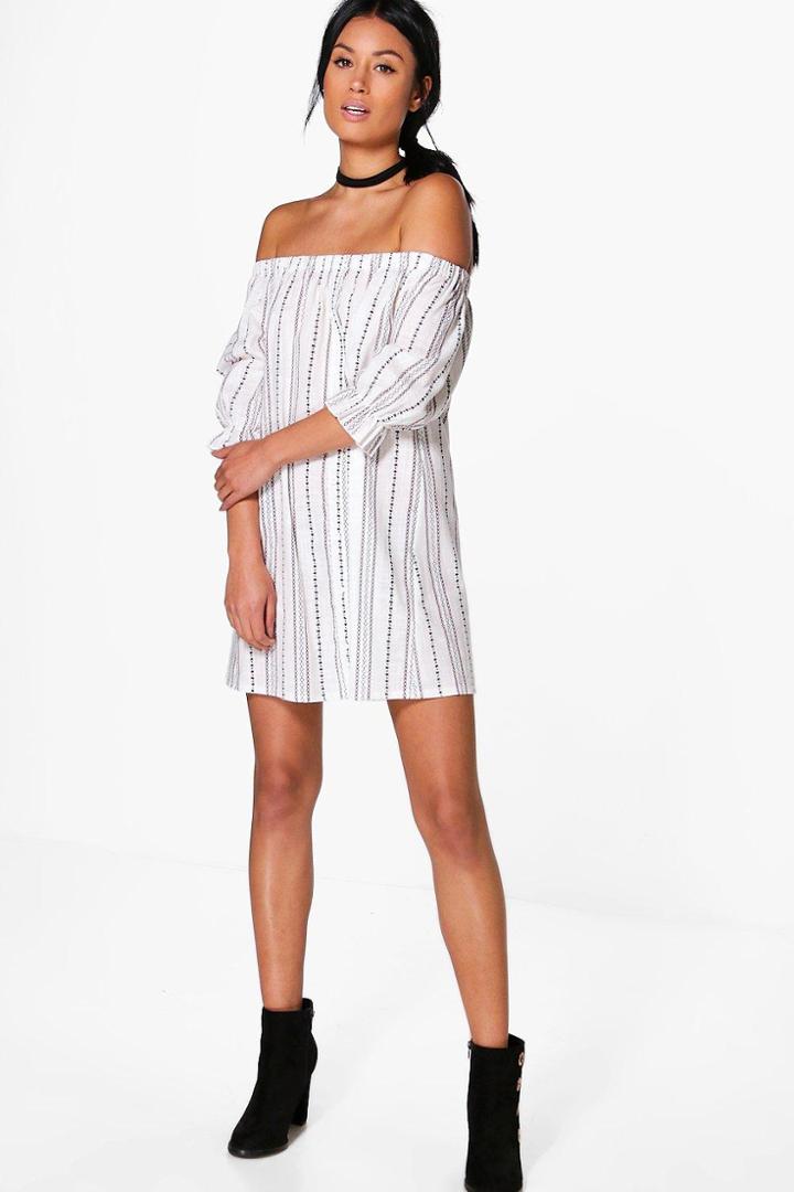 Boohoo Cara Aztec Off Shoulder Button Shift Dress White
