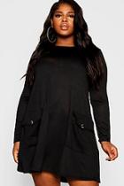 Boohoo Plus Gold Button Long Sleeve Knit Shift Dress