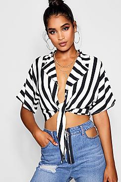 Boohoo Lily Stripe Tie Detail Cropped Blouse