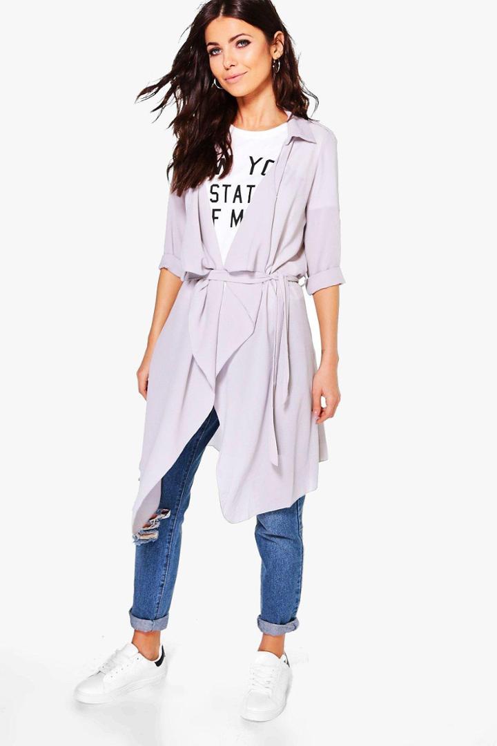 Boohoo Imogen Waterfall Tie Waist Jacket Dove