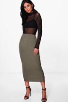 Boohoo Rose Basic Jersey Long Line Midi Skirt Khaki