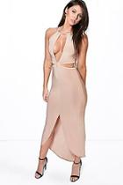 Boohoo Becca Slinky Cut Out Front Split Maxi Dress