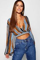 Boohoo Petite Stripe Balloon Sleeve Woven Crop Top