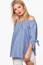 Boohoo Ivy Stripe Woven Tie Sleeve Off The Shoulder Top Blue