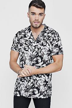 Boohoo Mono Floral Revere Collar Shirt