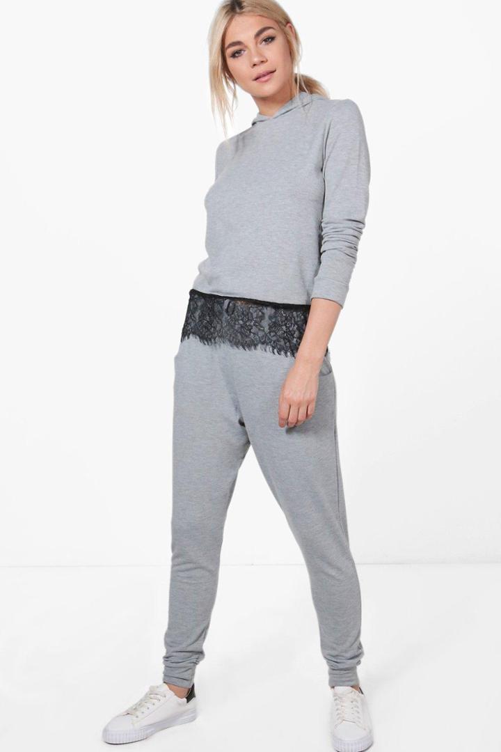 Boohoo Rebecca Lace Trim Hoody Loungewear Set Grey