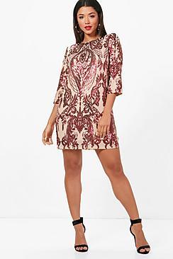 Boohoo Boutique Emily Sequin Print  Sleeve Shift Dress