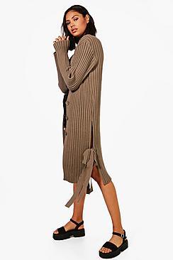Boohoo Emily Rib Knit Cardigan With Side Split Tie