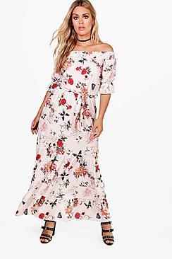 Boohoo Plus Emma Off The Shoulder Tiered Floral Maxi Dress
