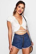 Boohoo Petite Abi Embroidery Anglaise Tie Detail Crop Top