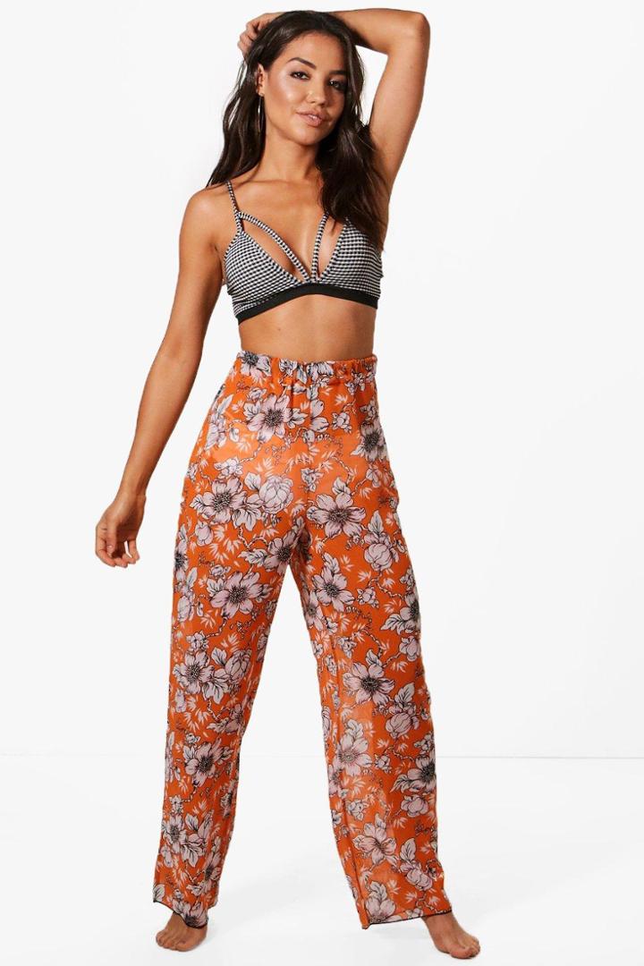 Boohoo Grace Floral Print Beach Trouser Orange