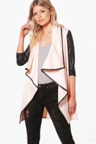 Boohoo Petite Malin Contrast Trim Waterfall Duster Nude