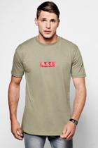 Boohoo Longline Man Red Box T-shirt With Curve Hem Khaki
