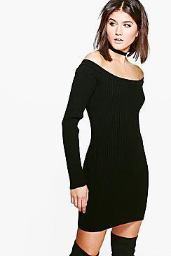Boohoo Georgia Rib Knit Bardot Jumper Dress