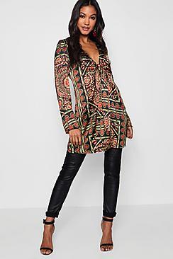 Boohoo Beth Scarf Print Tie Front Shirt