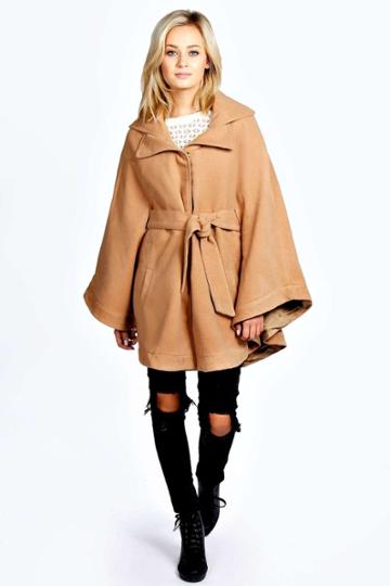 Boohoo Lily Belted Cape Coat - Camel