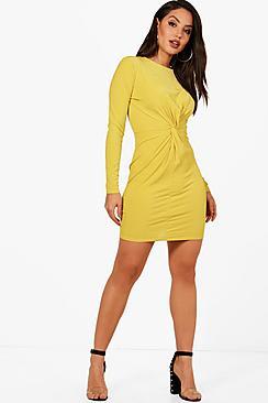 Boohoo Bella Ribbed Twist Front Bodycon Dress