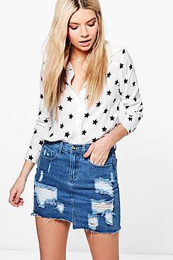 Boohoo Uneven Raw Hem Denim Skirt