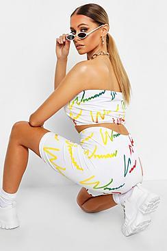 Boohoo Woman All Over Rainbow Print Cycling Short Set