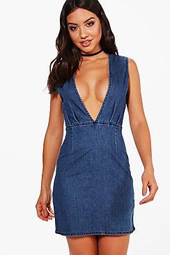 Boohoo Deep V Front Bodycon Denim Dress