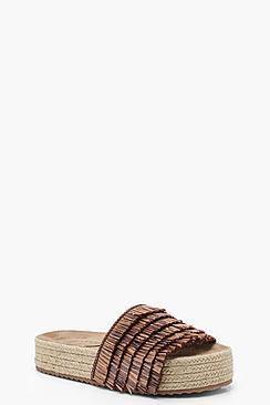 Boohoo Isabella Raffia Ruffle Espadrille Flatforms Sliders