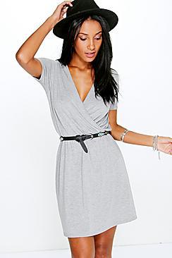 Boohoo Jessie Cap Sleeve Wrap Skater Dress
