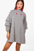 Boohoo Maya Frill Sleeve Embroidered Gingham Shift Dress