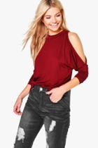 Boohoo Kitty High Neck Batwing Cold Shoulder Top Wine
