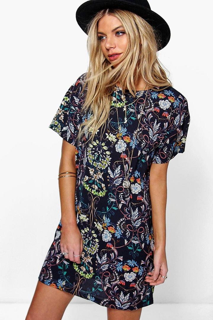 Boohoo Eldora Oriental Floral Cap Sleeve Shift Dress Navy