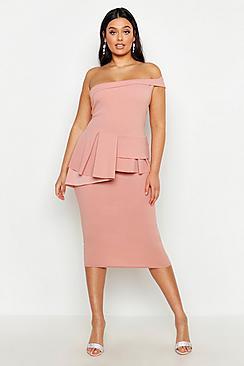 Boohoo Plus One Shoulder Bandeau Peplum Pencil Midi Dress