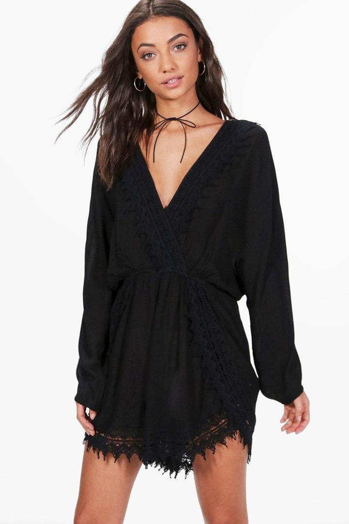 Boohoo Tall Mollie Crochet Trim Flare Playsuit Black