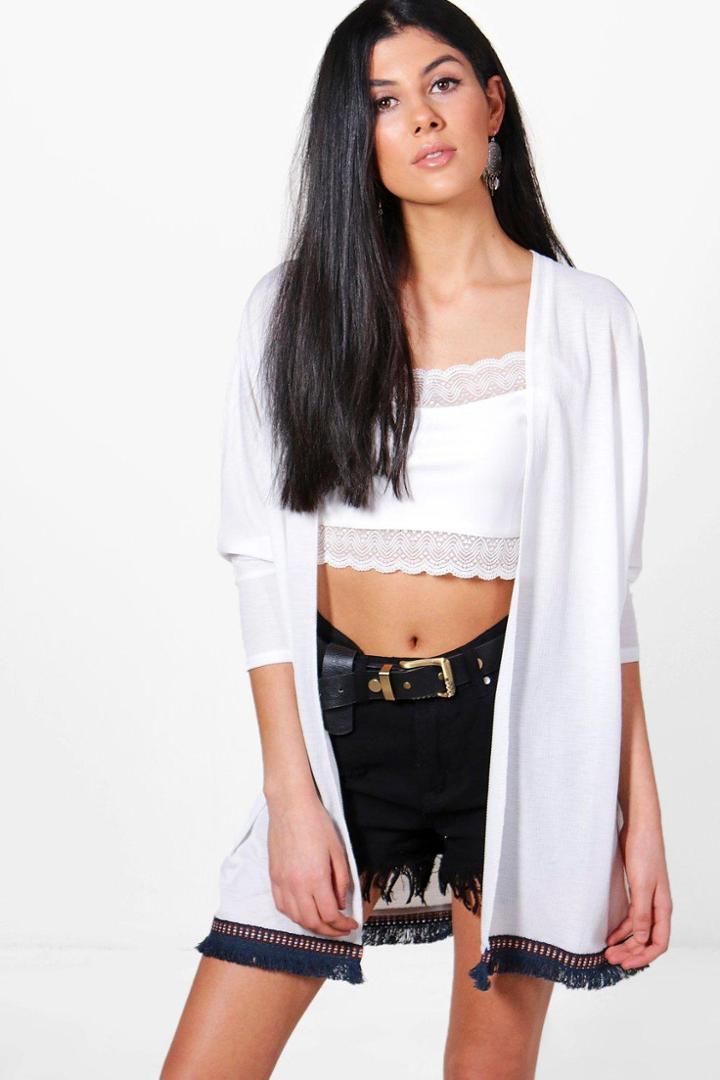Boohoo Sarah Tassel Trim Kimono Ivory