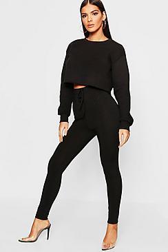 Boohoo Tie Waist Ribbed Leggings