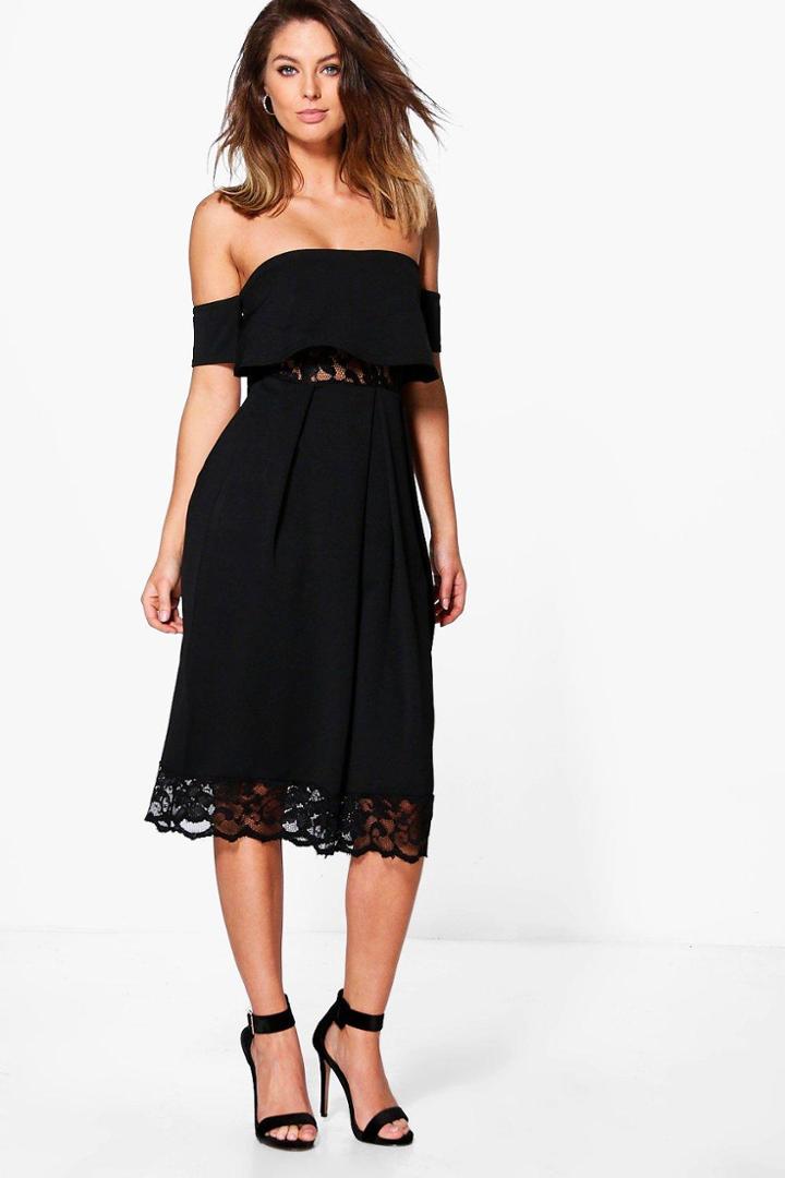 Boohoo Dea Off Shoulder Lace Insert Midi Skater Dress Black