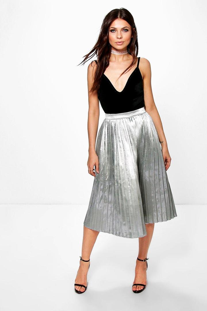 Boohoo Adalia Pleated Satin Full Midi Skirt Silver
