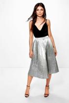 Boohoo Adalia Pleated Satin Full Midi Skirt Silver