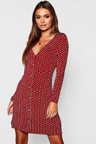 Boohoo Long Sleeve Button Through Polka Dot Swing Dress