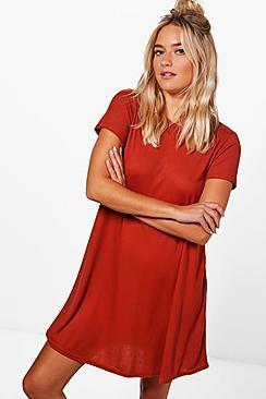 Boohoo Ellie Rib Knit Short Sleeve Swing Dress