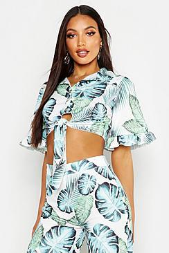 Boohoo Ruffle Sleeve Knot Front Shirt